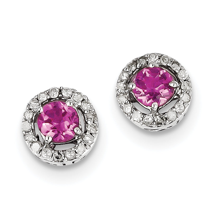 Sterling Silver Diamond & Pink Tourmaline Circle Post Earrings