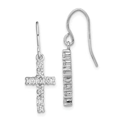 Sterling Silver Rhodium-plated Polished CZ Latin Cross Dangle Earrings