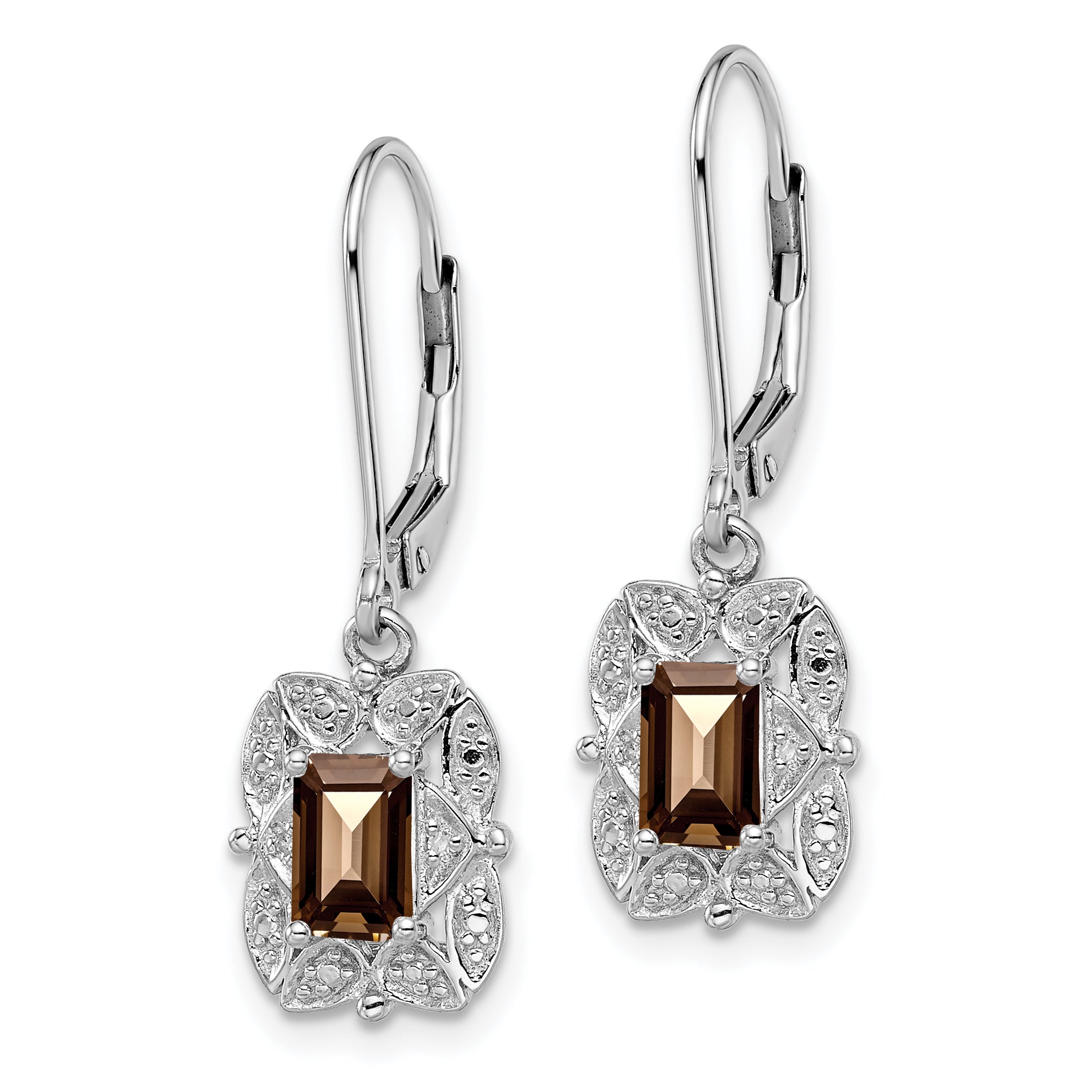 Sterling Silver Rhodium-Plated Smoky Quartz and Diamond Drop Earrings – Elegant Leverback Design