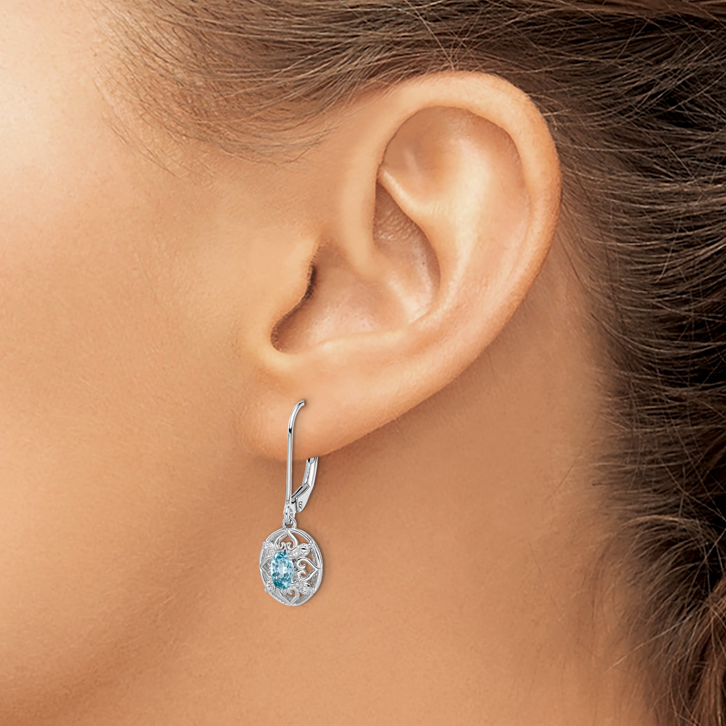 925 Sterling Silver Blue Topaz Diamond Drop Earrings, Rhodium-Plated, Polished Finish