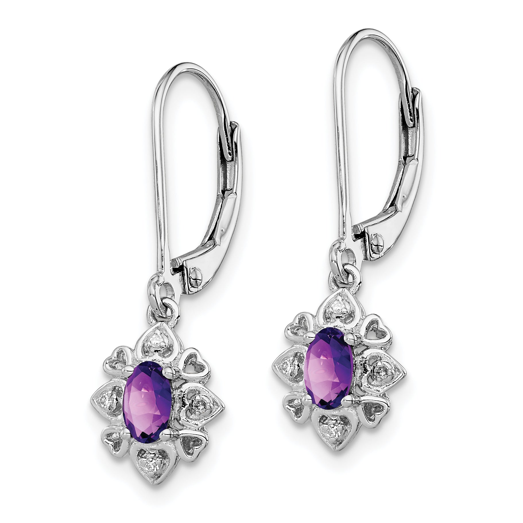 925 Sterling Silver Rhodium-Plated Amethyst and Diamond Dangle Earrings  Elegant Oval Design