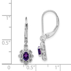 925 Sterling Silver Rhodium-Plated Amethyst and Diamond Dangle Earrings  Elegant Oval Design