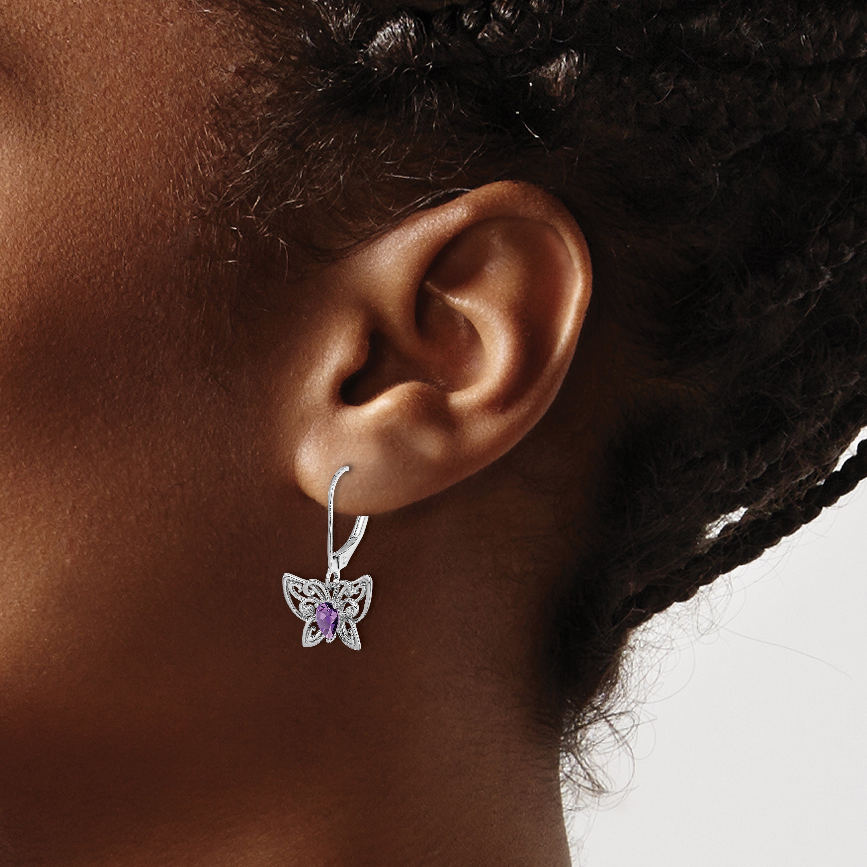 Sterling Silver Rhodium-plated Amethyst and Diamond Butterfly Earrings