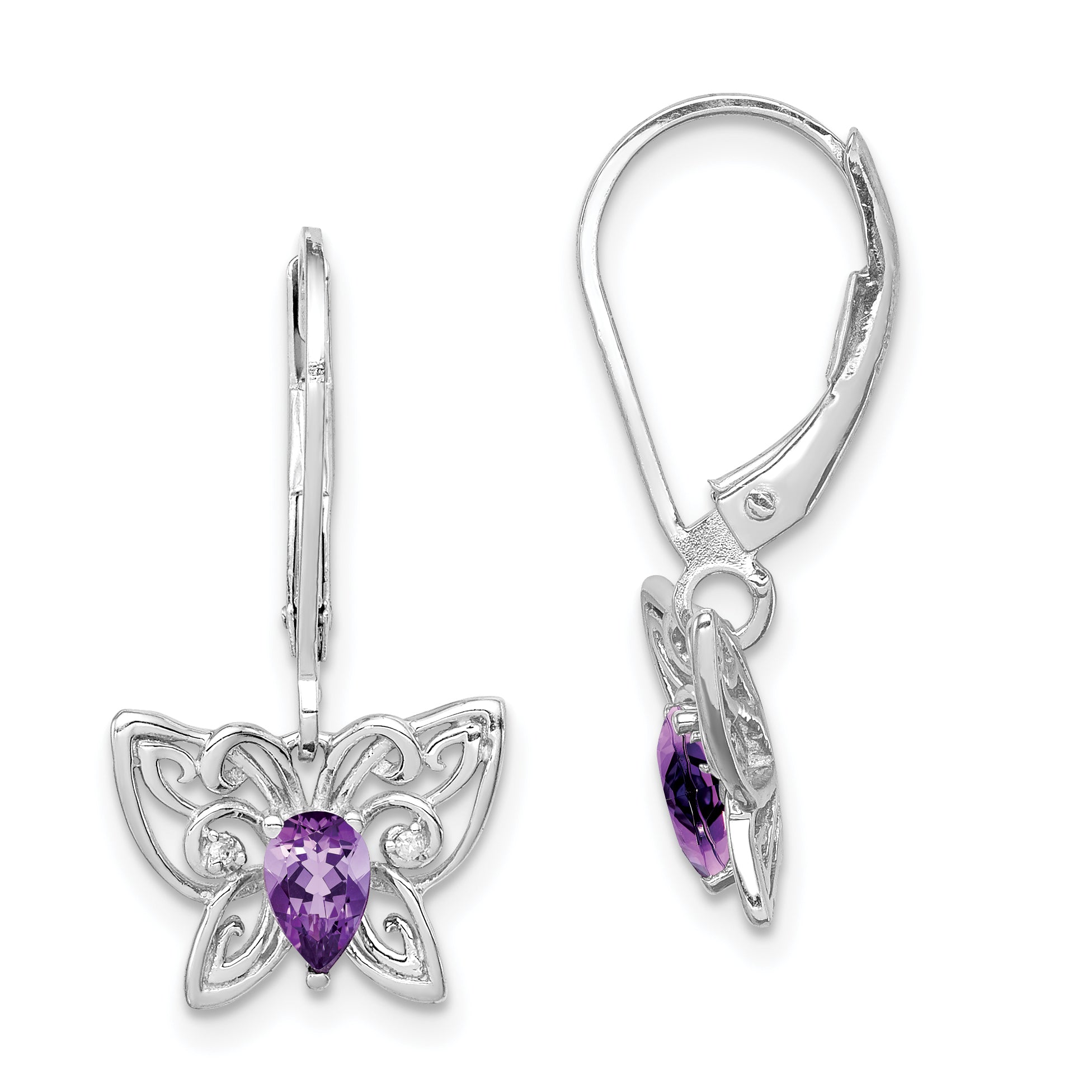 Sterling Silver Rhodium-plated Amethyst and Diamond Butterfly Earrings