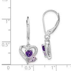 Sterling Silver RH Plated Amethyst Pink Quartz and Diamond Heart Earrings