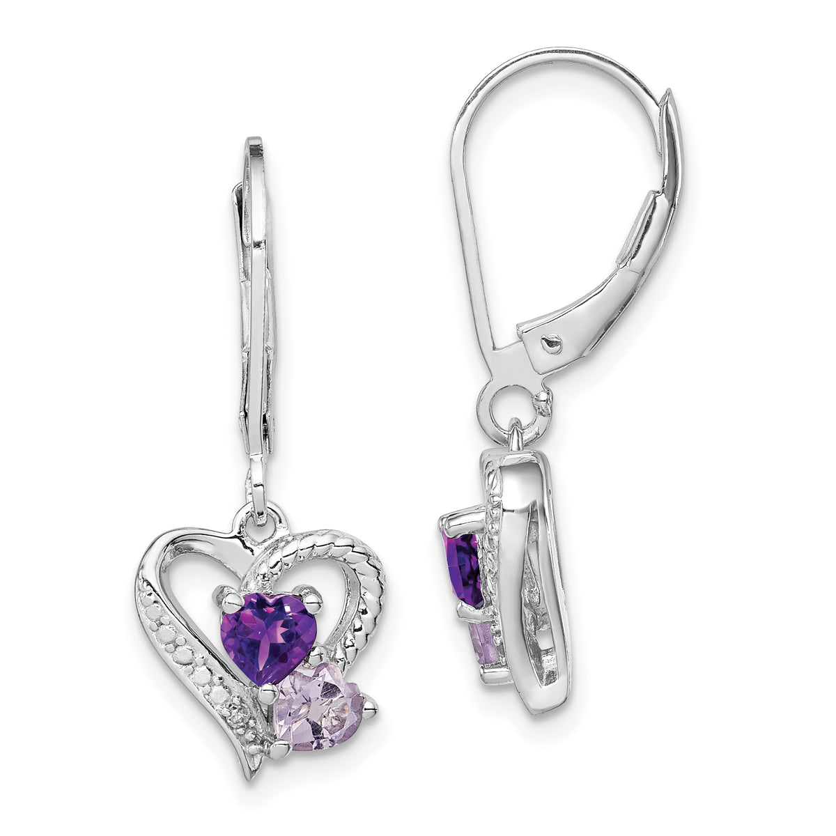 Sterling Silver RH Plated Amethyst Pink Quartz and Diamond Heart Earrings