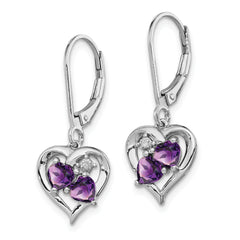 **Sophia Jewelers Sterling Silver Amethyst & Diamond Drop Earrings Rhodium-Plated, Heart-Shaped Gemstones**