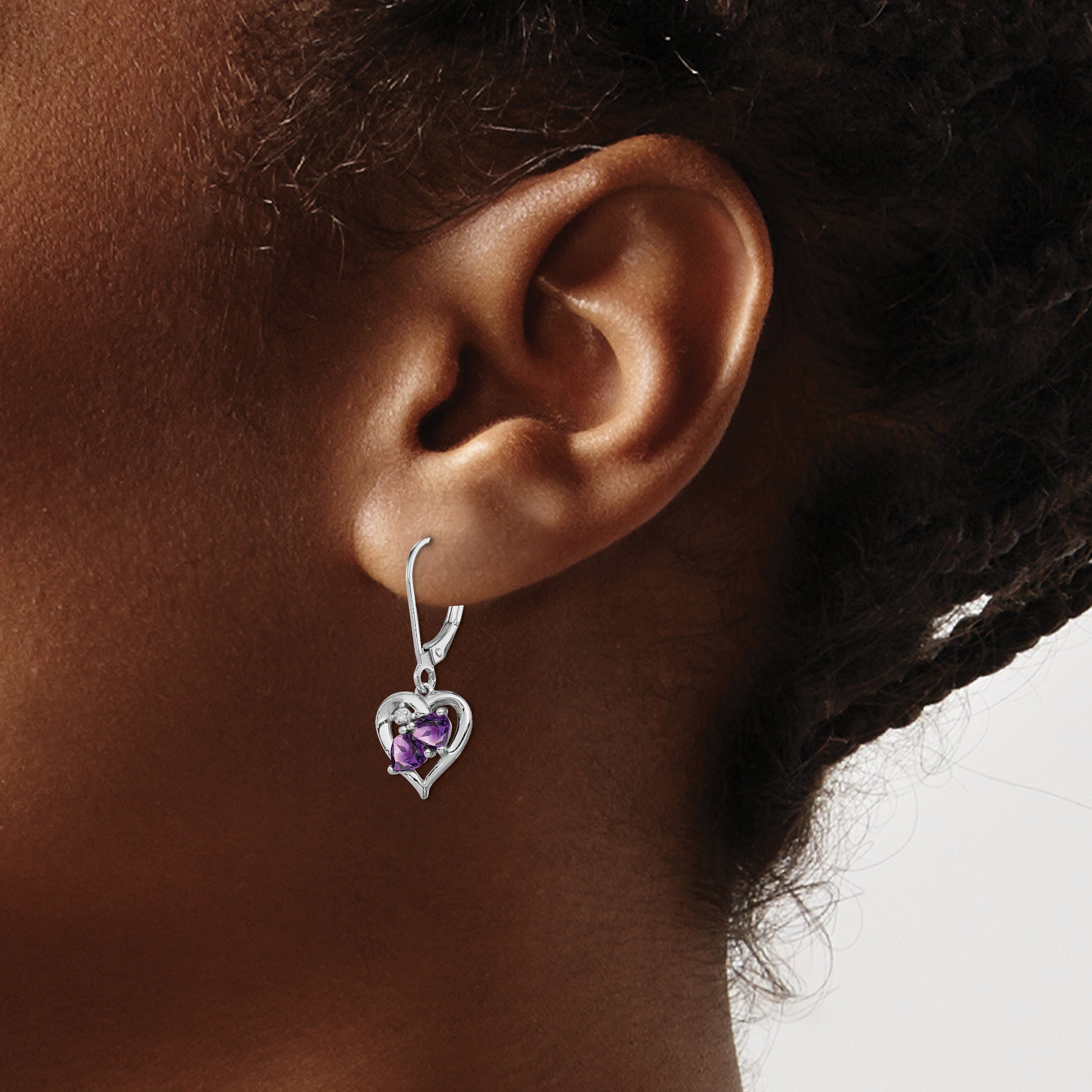 **Sophia Jewelers Sterling Silver Amethyst & Diamond Drop Earrings Rhodium-Plated, Heart-Shaped Gemstones**