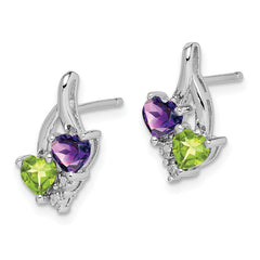 "925 Sterling Silver Amethyst Peridot Diamond Drop Earrings, Polished & Rhodium-Plated"