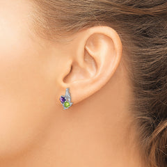 "925 Sterling Silver Amethyst Peridot Diamond Drop Earrings, Polished & Rhodium-Plated"