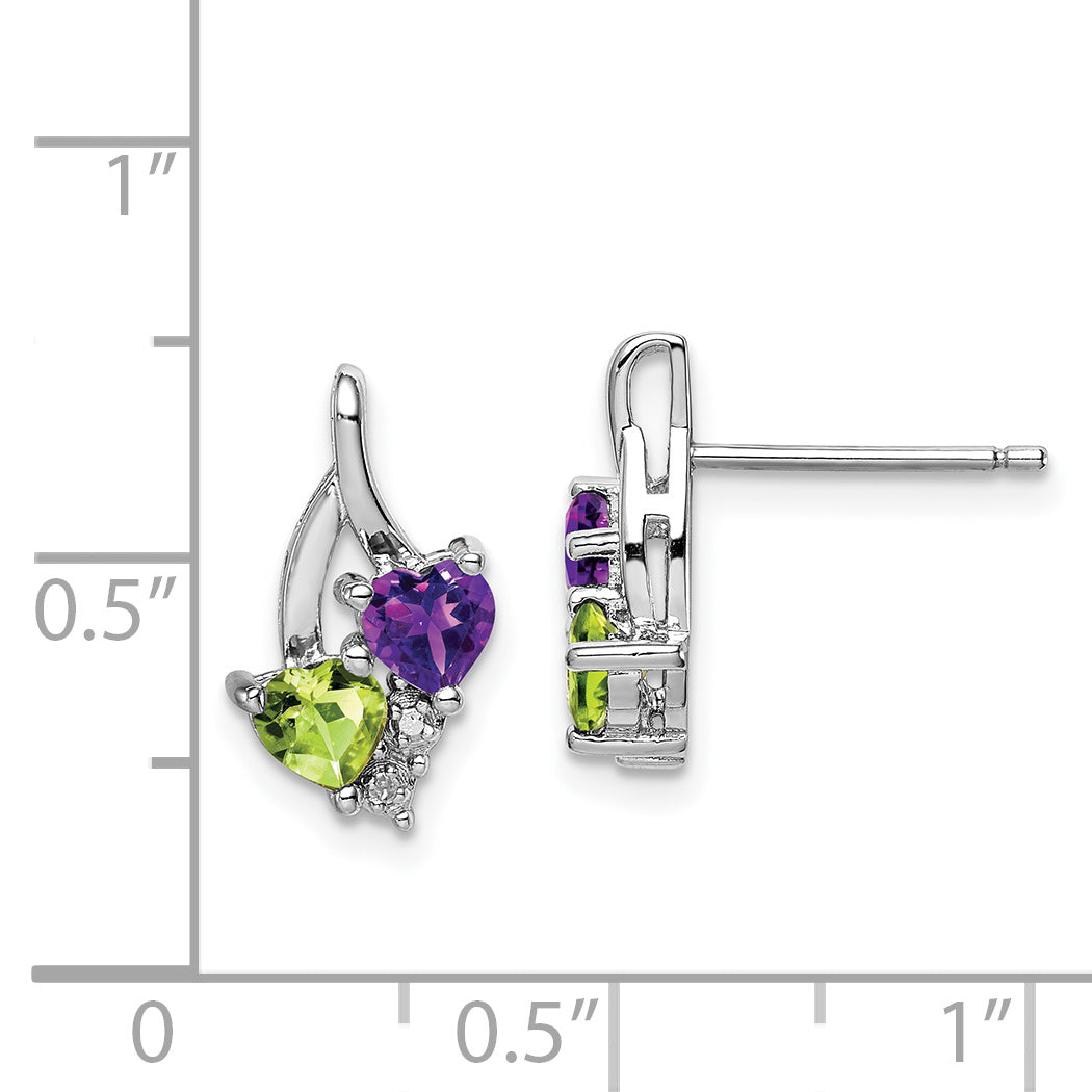 "925 Sterling Silver Amethyst Peridot Diamond Drop Earrings, Polished & Rhodium-Plated"