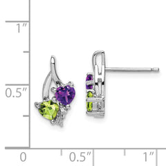 "925 Sterling Silver Amethyst Peridot Diamond Drop Earrings, Polished & Rhodium-Plated"