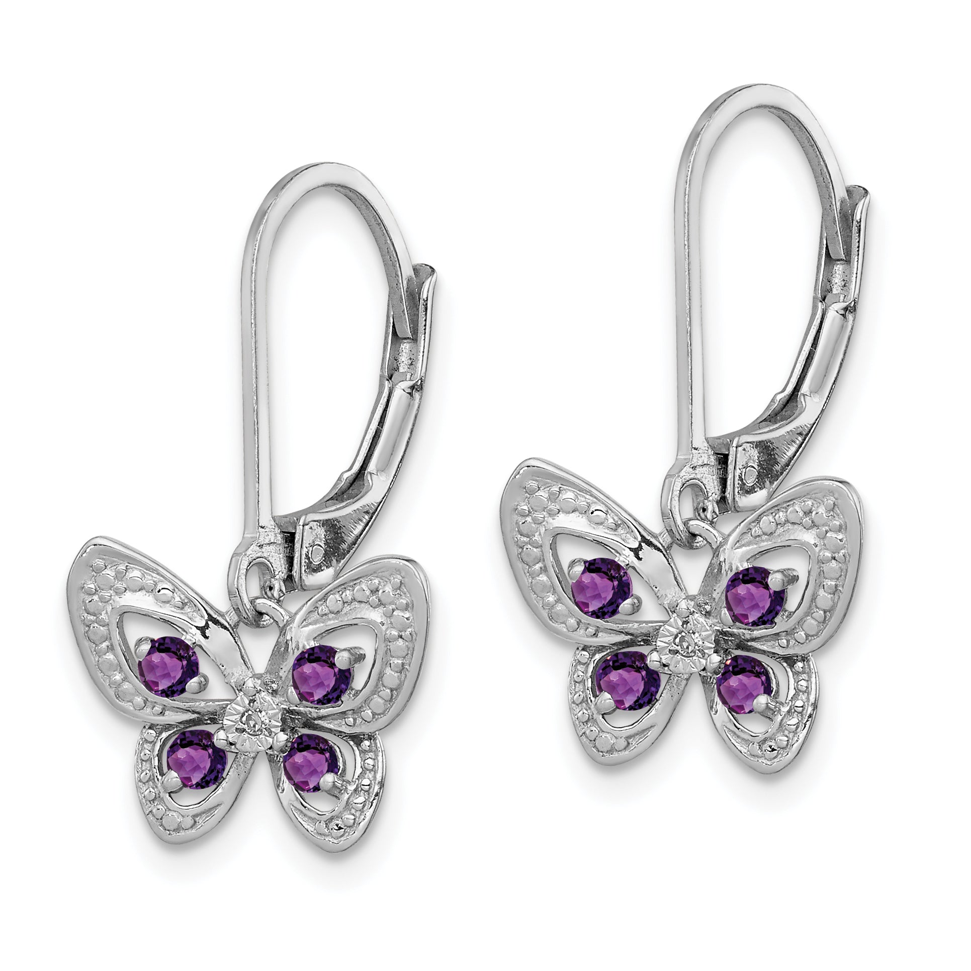 Sterling Silver 925 Amethyst and Diamond Butterfly Drop Earrings Rhodium-Plated, Polished Finish