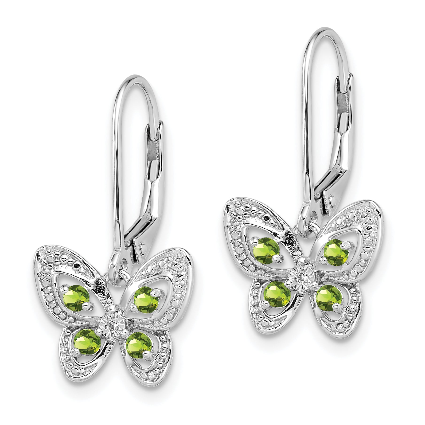 Sterling Silver Rhodium-Plated Peridot and Diamond Drop Earrings with Leverback Closure