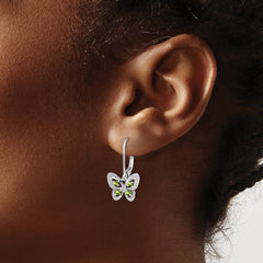 Sterling Silver Rhodium-Plated Peridot and Diamond Drop Earrings with Leverback Closure