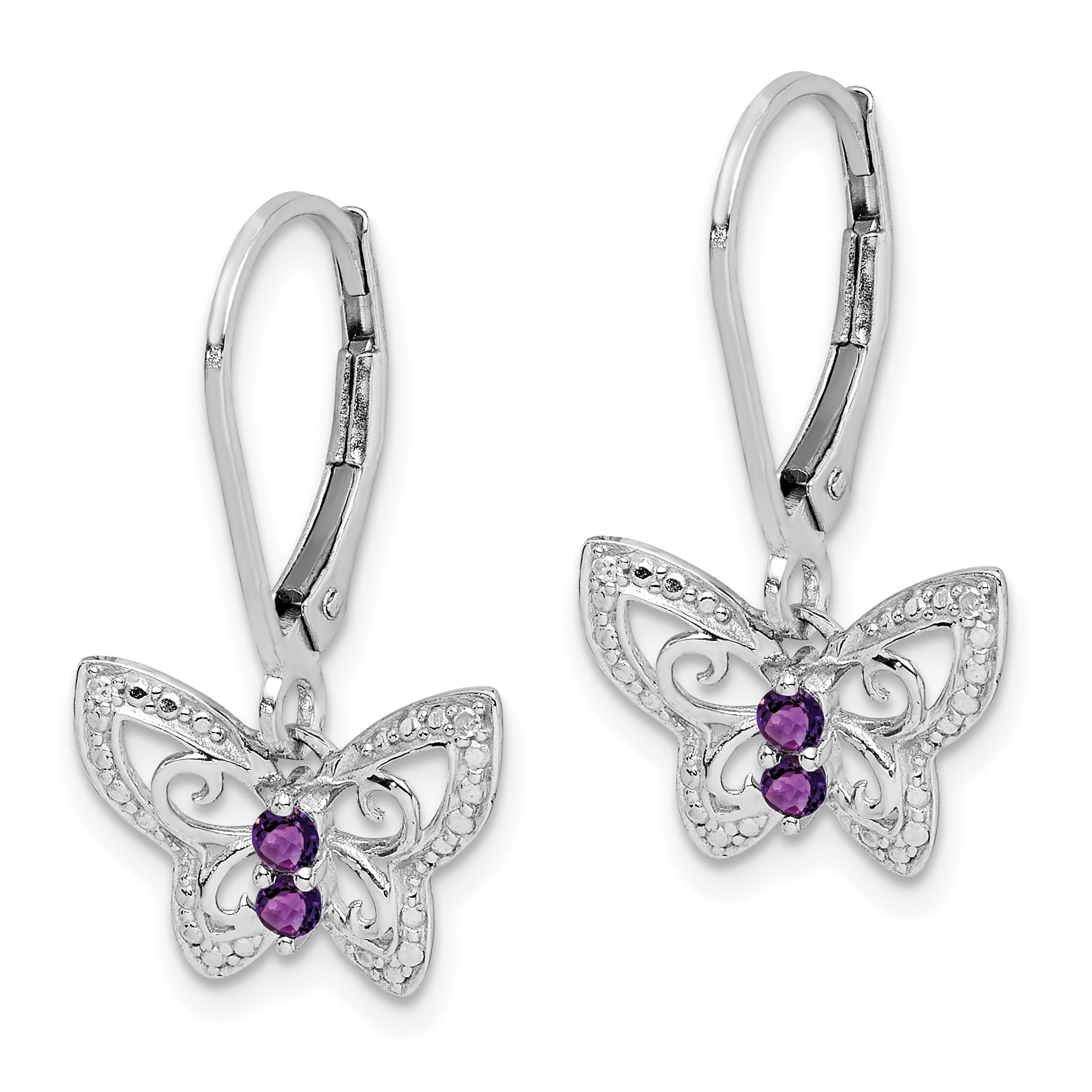 **Sterling Silver Rhodium-Plated Amethyst and Diamond Butterfly Drop Earrings for Women**