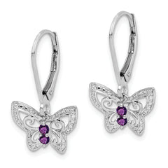 **Sterling Silver Rhodium-Plated Amethyst and Diamond Butterfly Drop Earrings for Women**