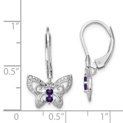 **Sterling Silver Rhodium-Plated Amethyst and Diamond Butterfly Drop Earrings for Women**