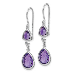 925 Sterling Silver Rhodium Plated Amethyst & Diamond Dangle Earrings  Elegant Birthstone Style