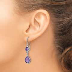 925 Sterling Silver Rhodium Plated Amethyst & Diamond Dangle Earrings  Elegant Birthstone Style