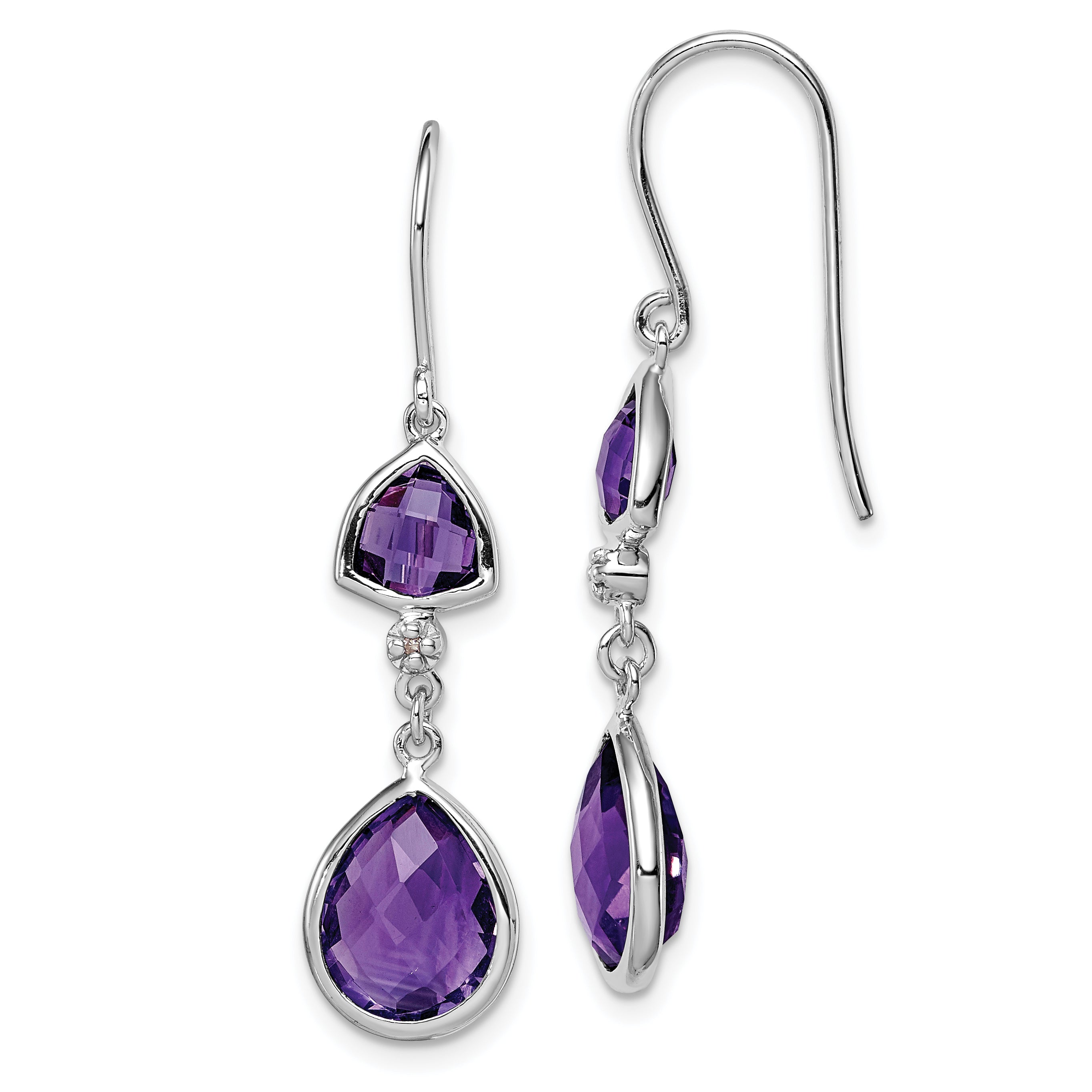 Sterling Silver Rhodium Plated Diamond and Amethyst Dangle Earrings