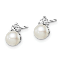 Sterling Silver Rhod Plated Diamond and FW Cultured Pearl Post Ear