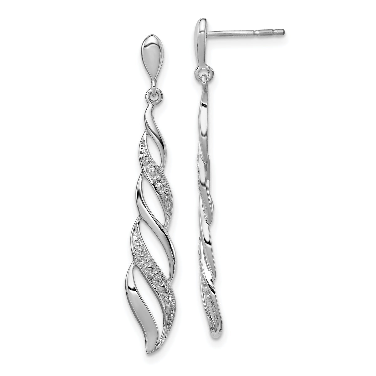 Sterling Silver Rhodium Plated Diamond Swirl Post Dangle Earrings