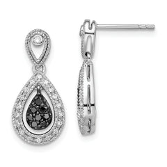 White Night Sterling Silver Rhodium-plated Black and White Diamond Double Teardrop Dangle Post Earrings