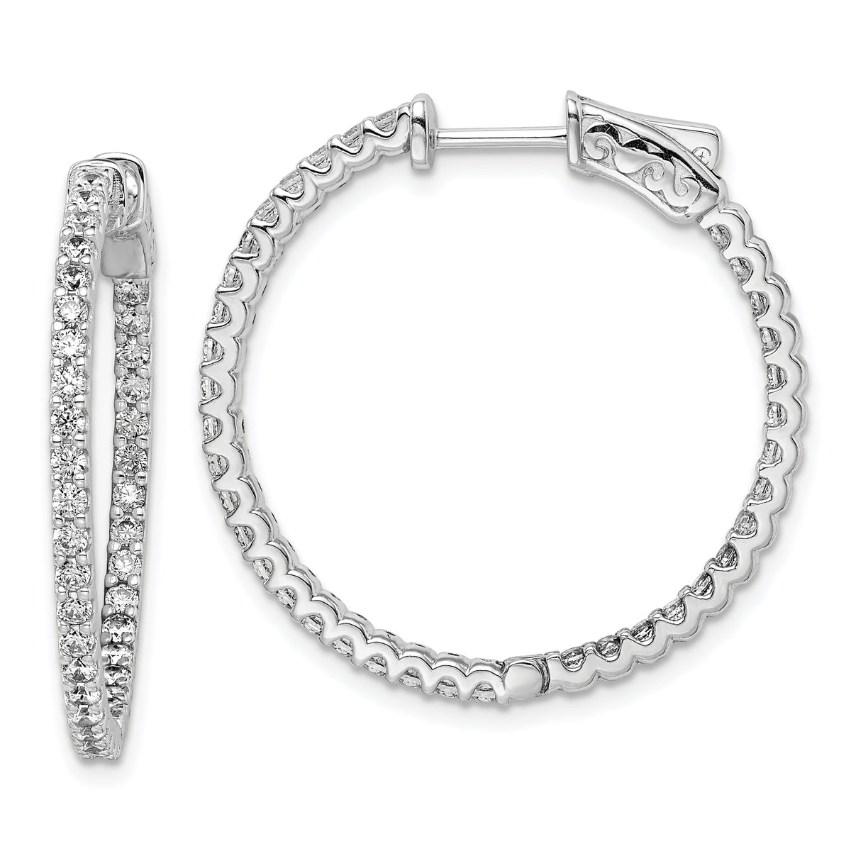 Sterling Shimmer Sterling Silver Rhodium-plated 74 Stone 1.7mm CZ In and Out Round Hinged Hoop Earrings