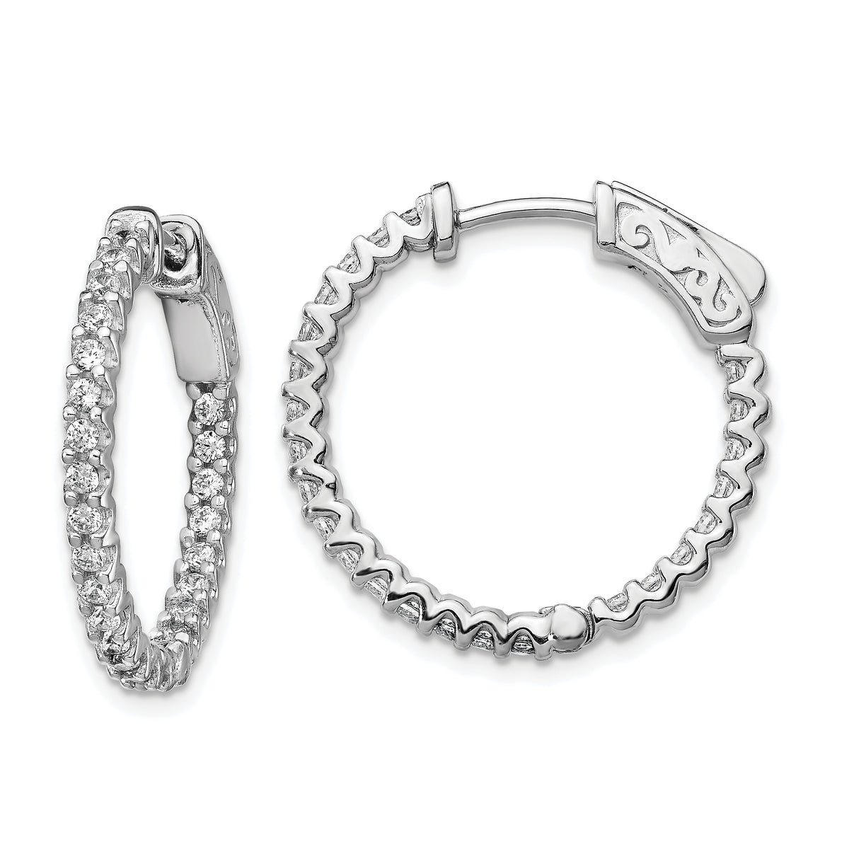 Sterling Shimmer Sterling Silver Rhodium-plated 48 Stone 1.7mm CZ In and Out Round Hinged Hoop Earrings