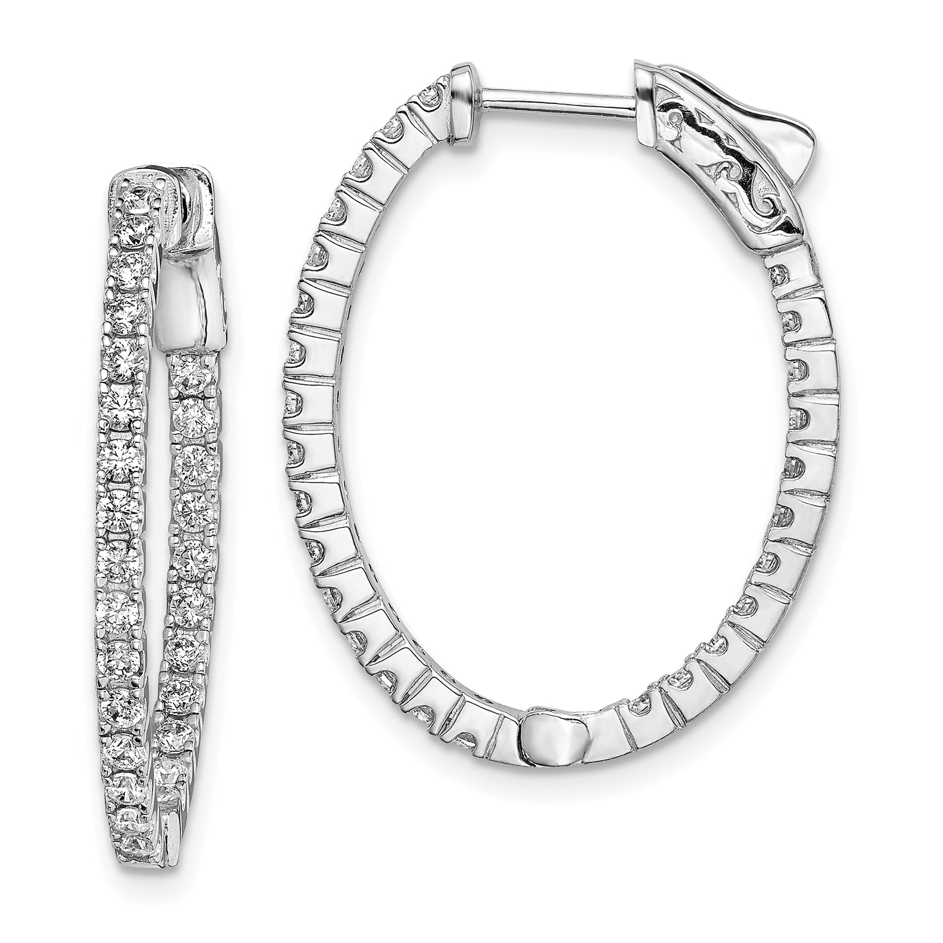 Sterling Shimmer Sterling Silver Rhodium-plated 54 Stone 1.7mm CZ In and Out Oval Hinged Hoop Earrings