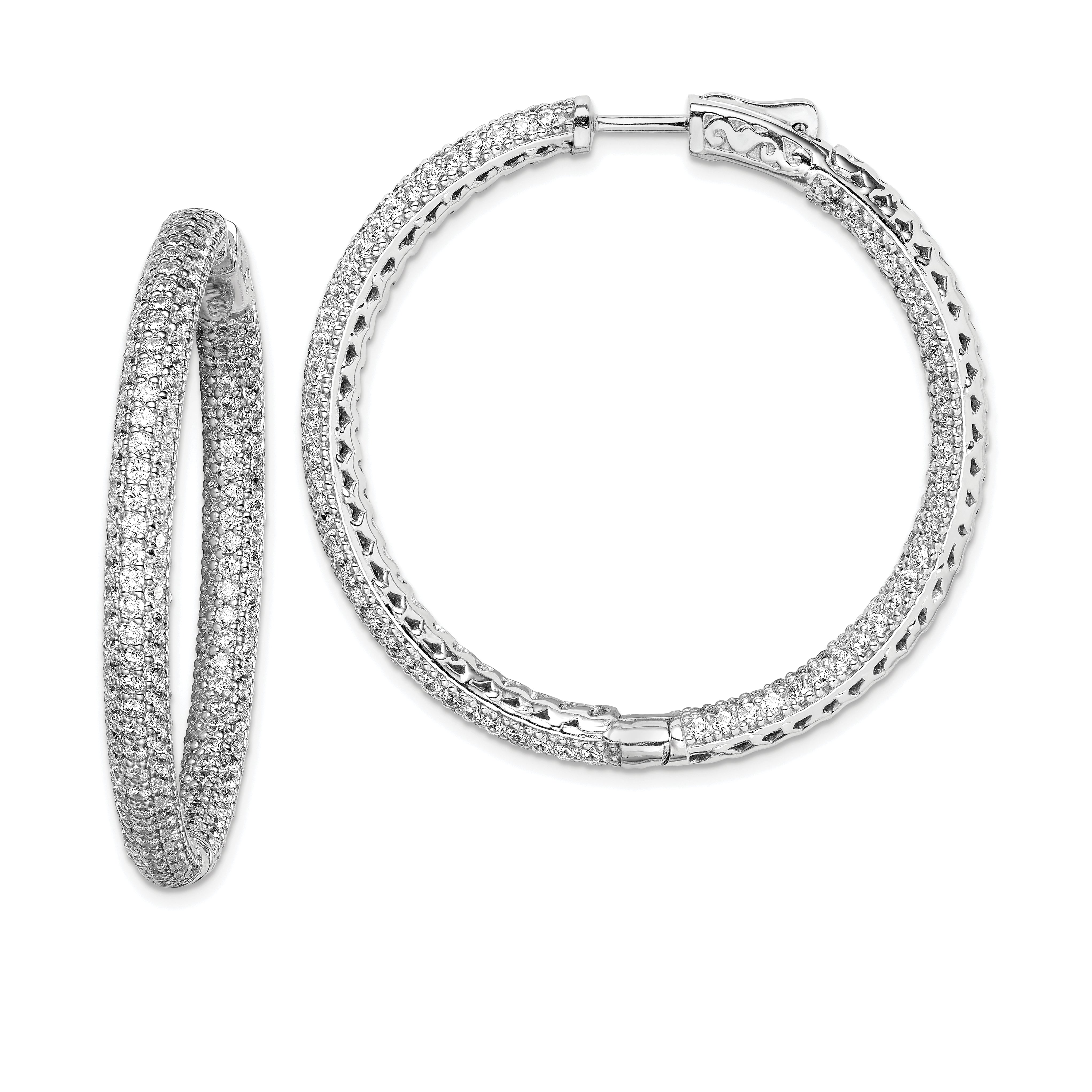 Sterling Shimmer Sterling Silver Rhodium-plated 380 Stone Pav‚ 1.5mm CZ In and Out Round Hinged Hoop Earrings