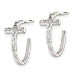 Sterling Silver Rhodium-Plated CZ Cross Hoop Earrings  Polished Elegant Design