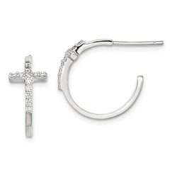 Sterling Silver Rhodium-plated CZ Cross Hoop Earrings