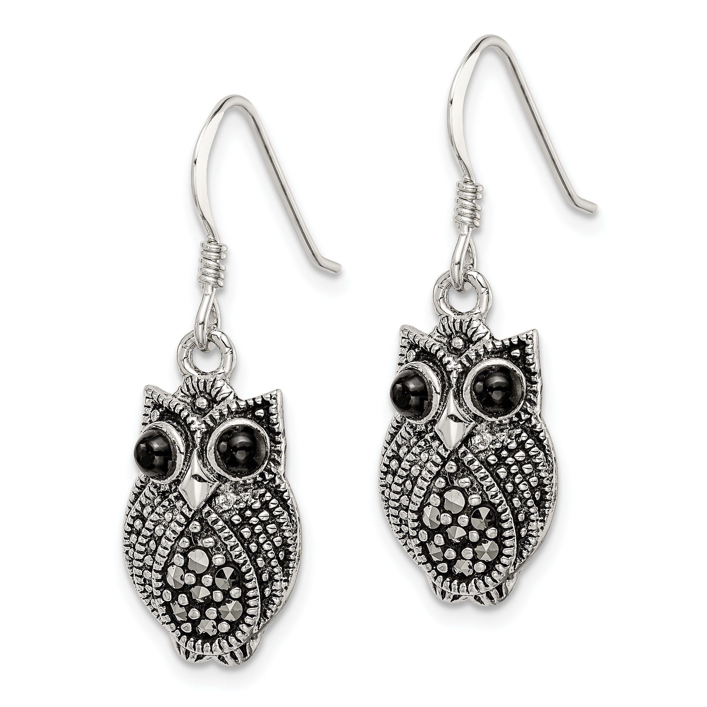 Sterling Silver Owl Drop Earrings with Antique Marcasite and Black Agate