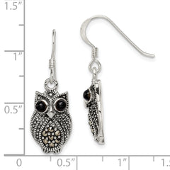 Sterling Silver Owl Drop Earrings with Antique Marcasite and Black Agate