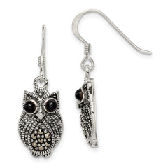 Sterling Silver Antiqued Marcasite/Blk Agate Owl Shepherd Hook Earrings