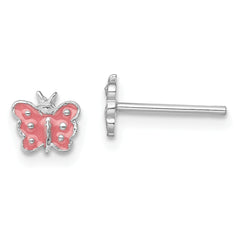 Sterling Silver Rhodium-plated Polished Pink Enameled Butterfly Children's Post Earrings