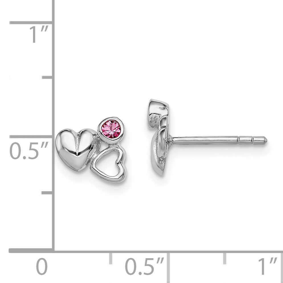 Sterling Silver Rhodium-plated Polished Pink Preciosa Crystal Double Heart Children's Post Earrings