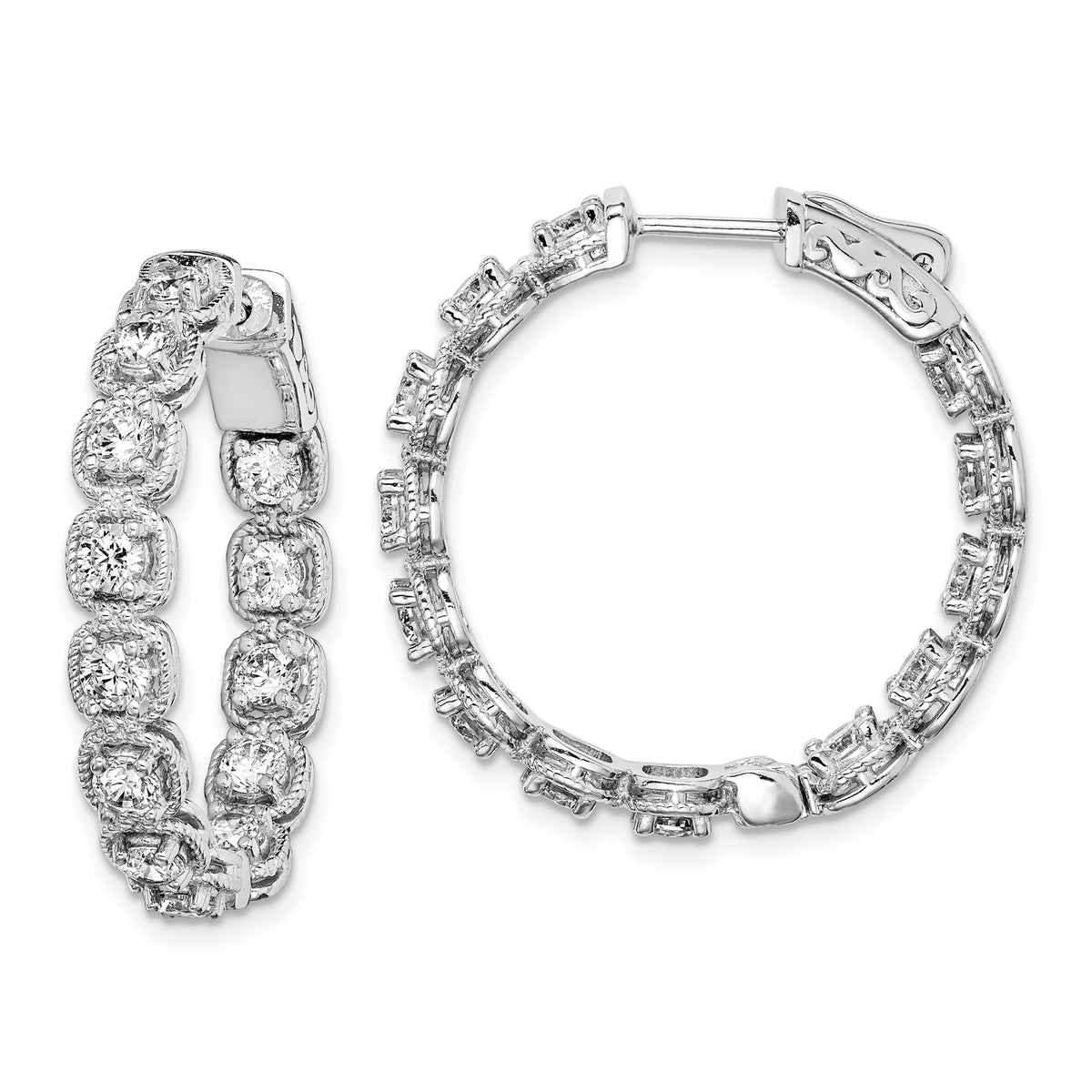 Sterling Shimmer Sterling Silver Rhodium-plated 26 Stone 3mm CZ In and Out Round Hinged Hoop Earrings