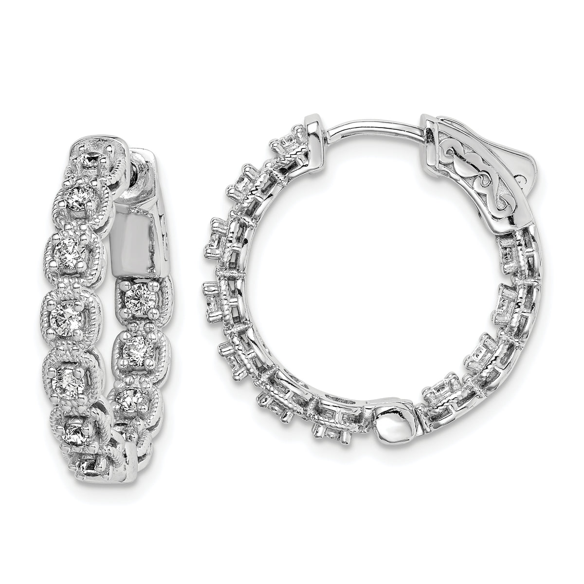 Sterling Shimmer Sterling Silver Rhodium-plated 22 Stone 2.0mm CZ In and Out Round Hinged Hoop Earrings