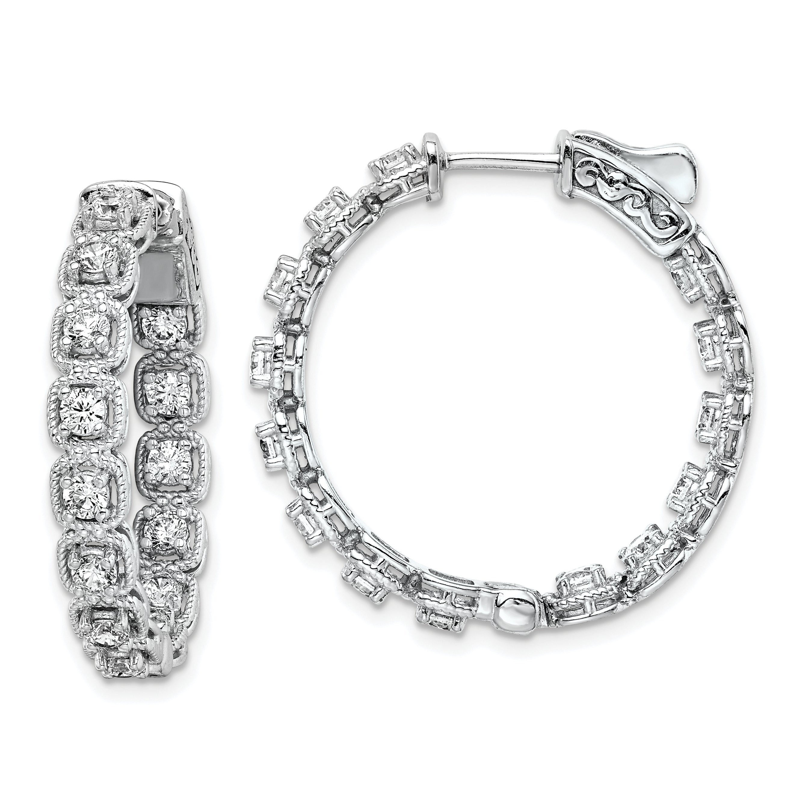 Sterling Shimmer Sterling Silver Rhodium-plated 28 Stone 2.5mm CZ In and Out Round Hinged Hoop Earrings