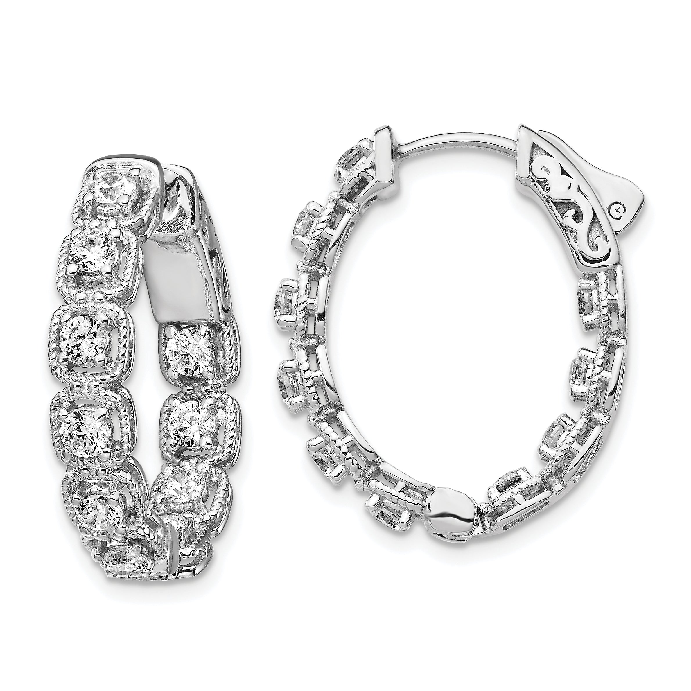 Sterling Shimmer Sterling Silver Rhodium-plated 20 Stone 2.5mm CZ In and Out Oval Hinged Hoop Earrings