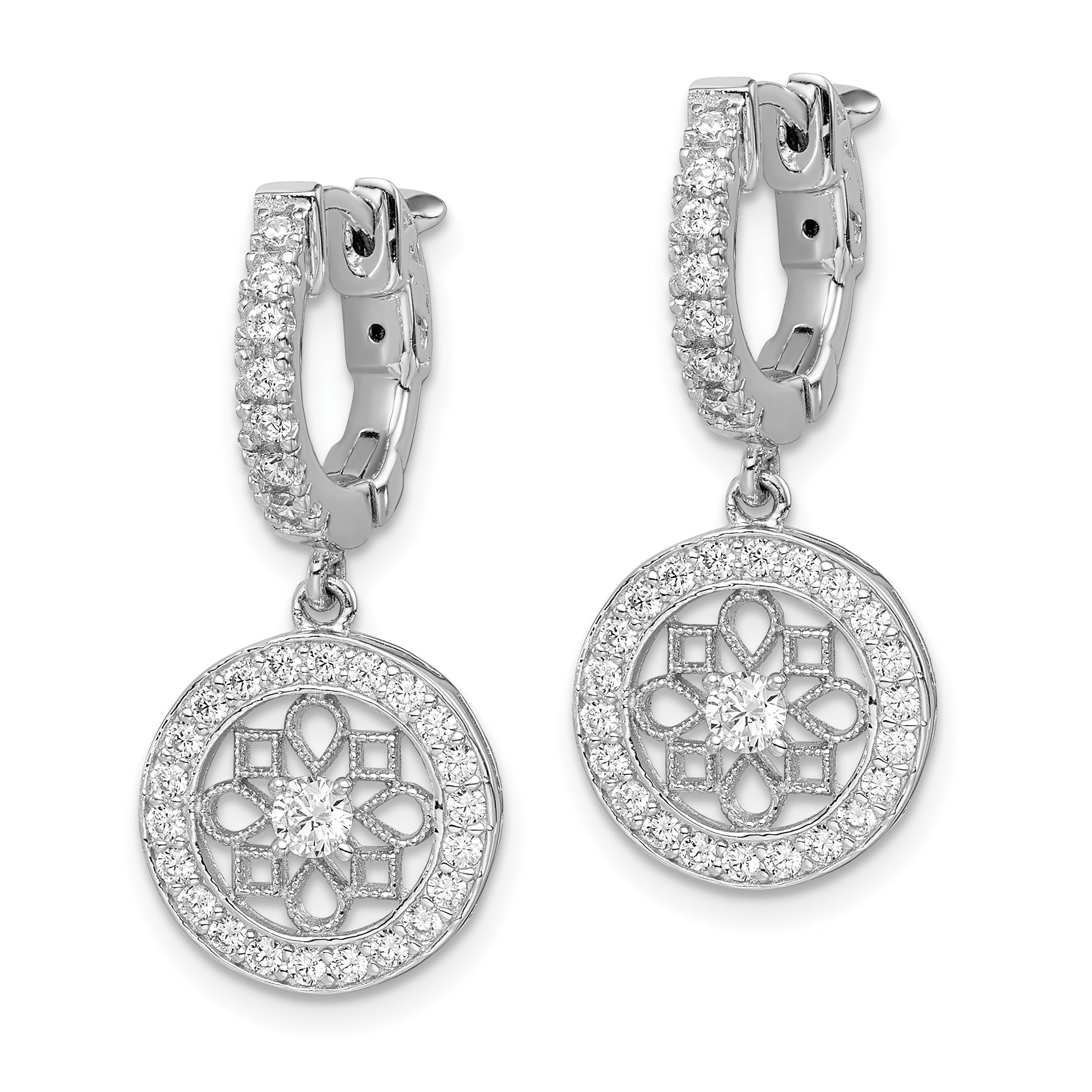 Sterling Shimmer Sterling Silver Rhodium-plated 60 Stone CZ Fancy Dangle Hinged Hoop Earrings