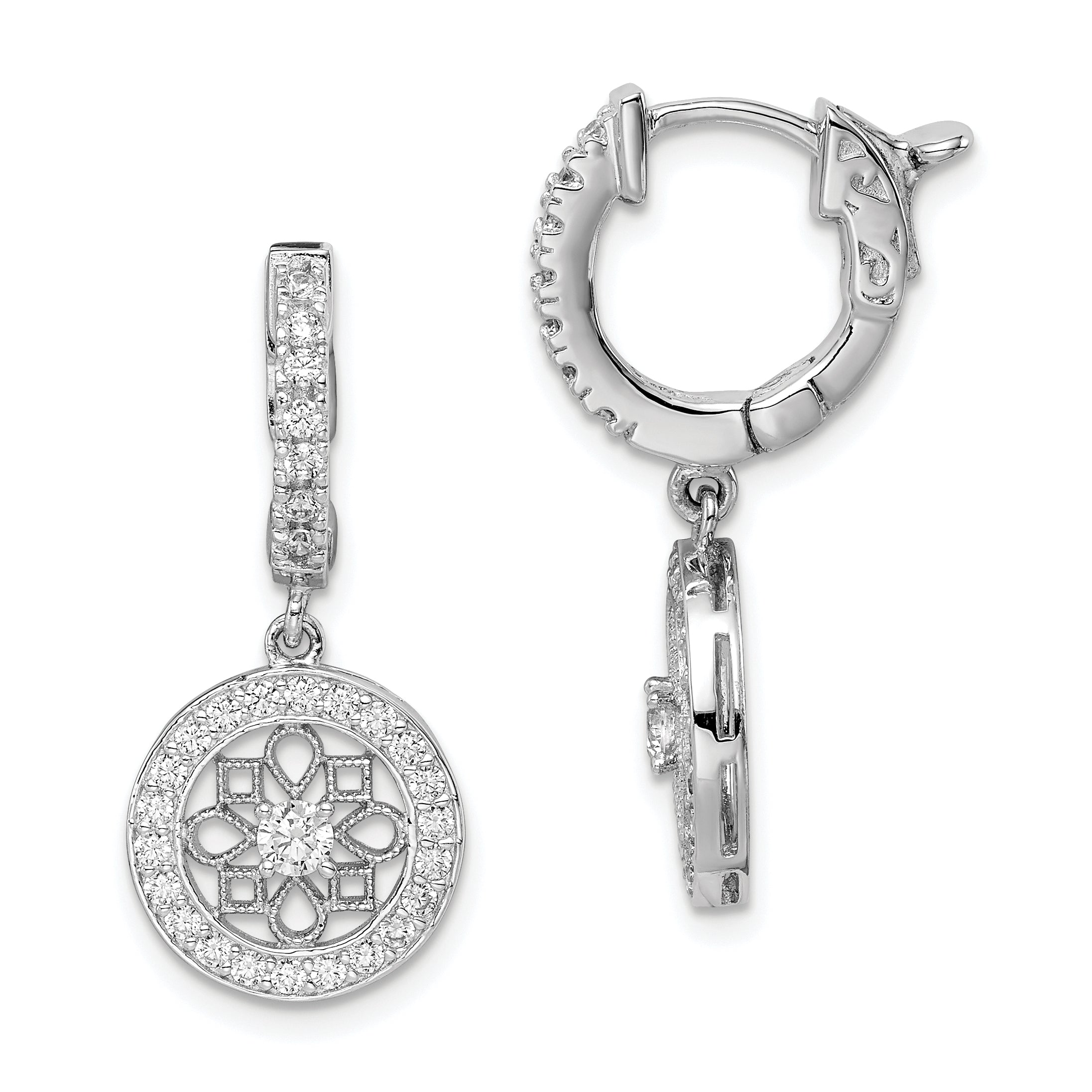 Sterling Shimmer Sterling Silver Rhodium-plated 60 Stone CZ Fancy Dangle Hinged Hoop Earrings