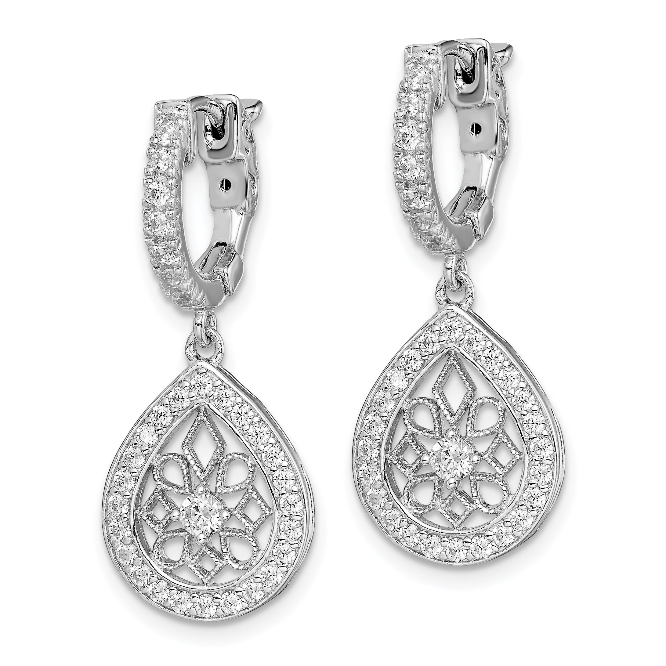 Sterling Shimmer Sterling Silver Rhodium-plated 64 Stone CZ Teardrop Dangle Hinged Hoop Earrings