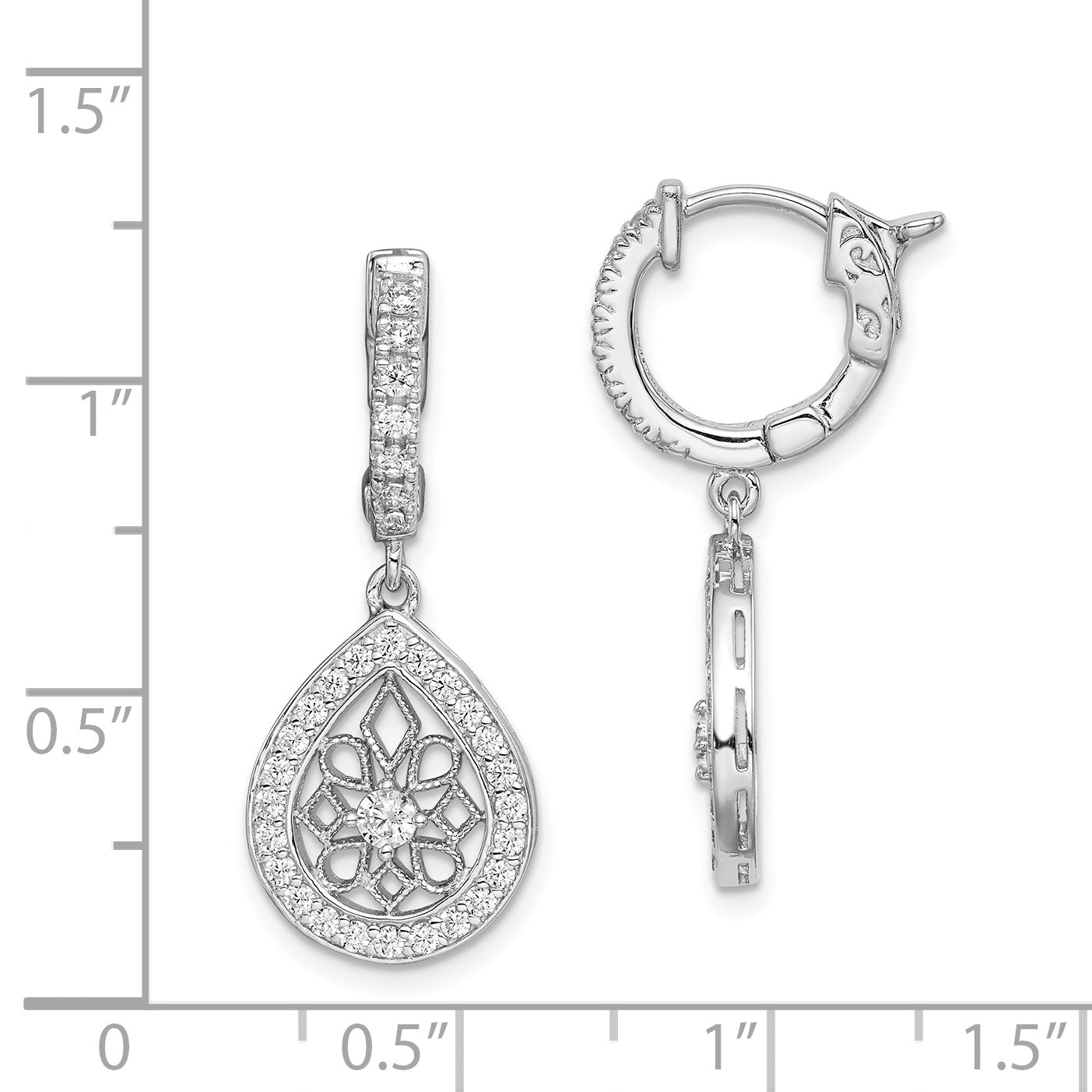 Sterling Shimmer Sterling Silver Rhodium-plated 64 Stone CZ Teardrop Dangle Hinged Hoop Earrings