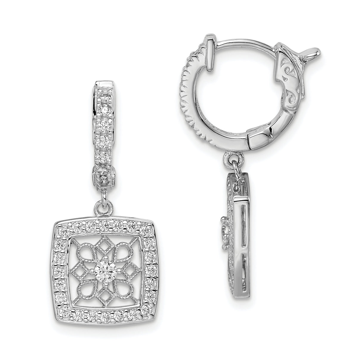 Sterling Shimmer Sterling Silver Rhodium-plated 64 Stone CZ Square Dangle Hinged Hoop Earrings