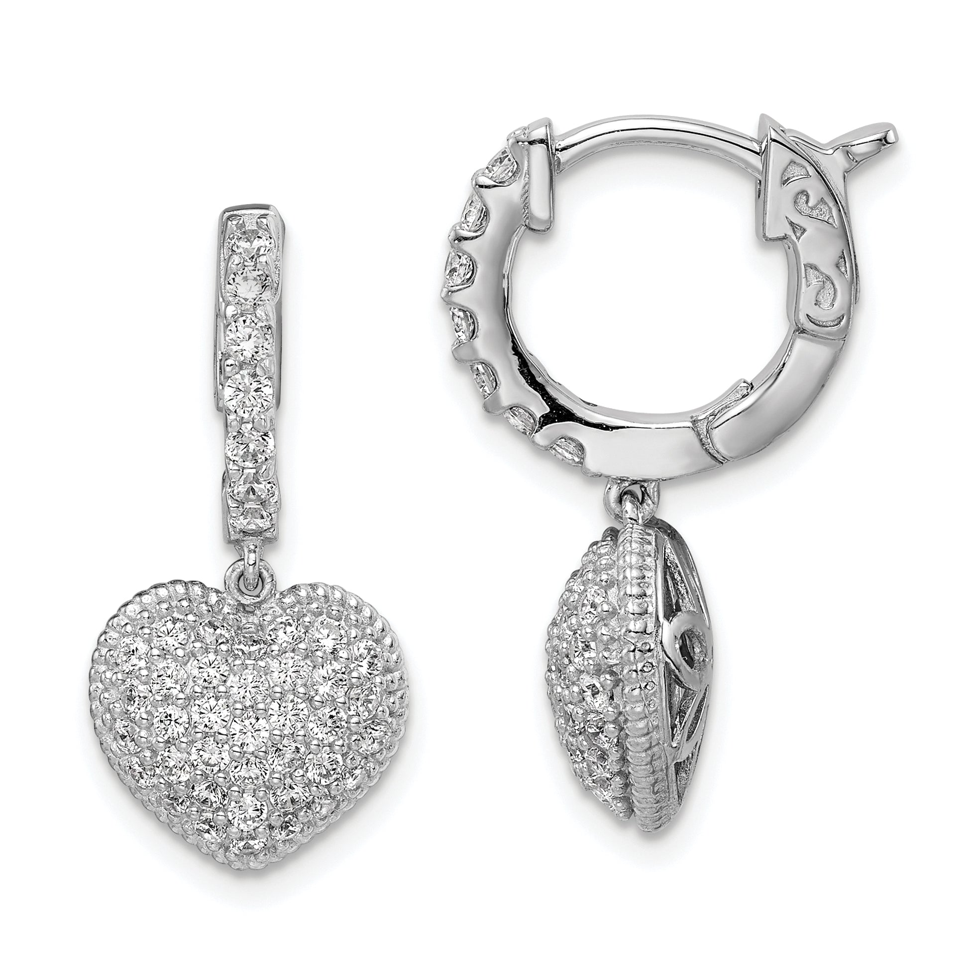 Sterling Shimmer Sterling Silver Rhodium-plated 86 Stone CZ Pav‚ Heart Dangle Hinged Hoop Earrings