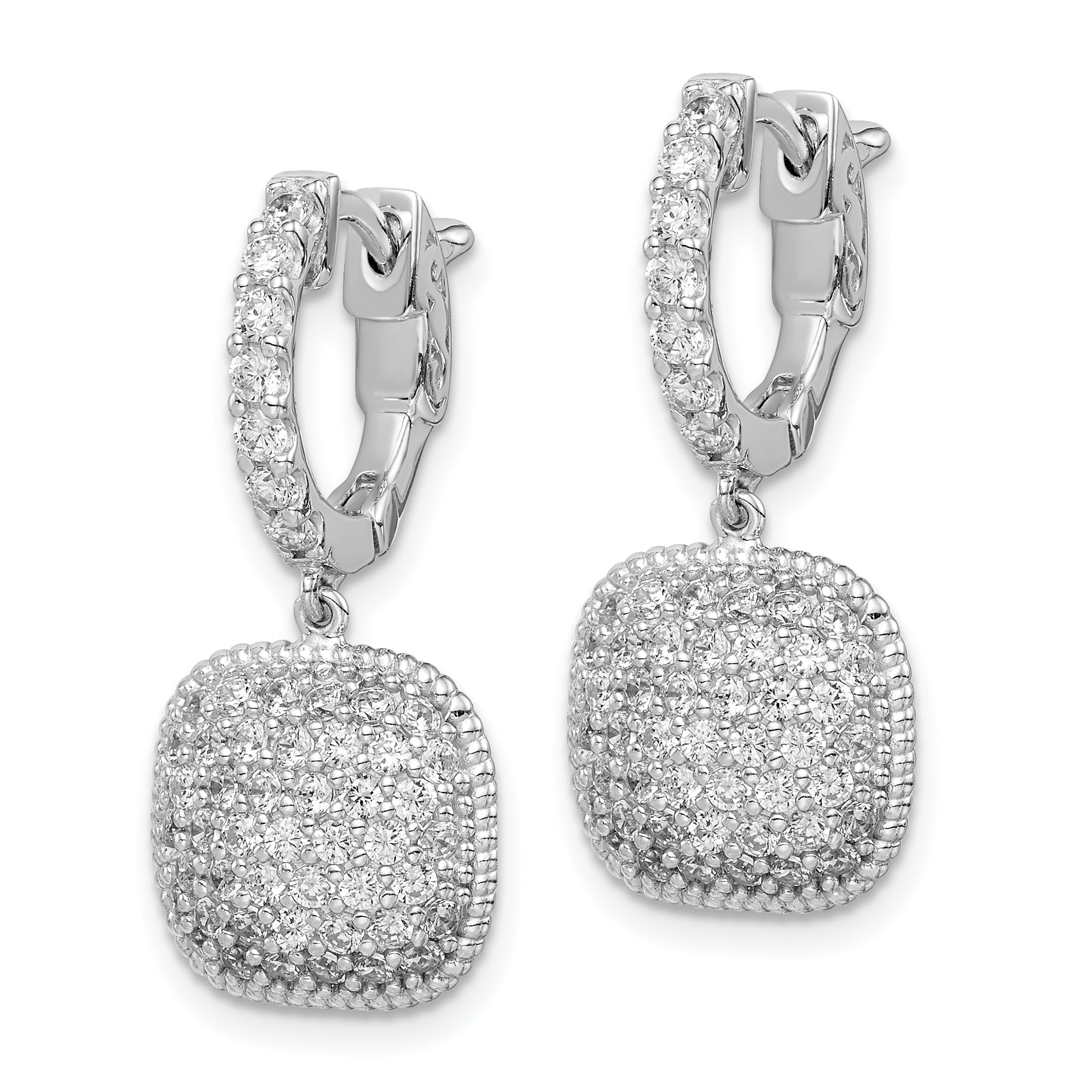 Sterling Shimmer Sterling Silver Rhodium-plated 88 Stone CZ Pav‚ Square Dangle Hinged Hoop Earrings